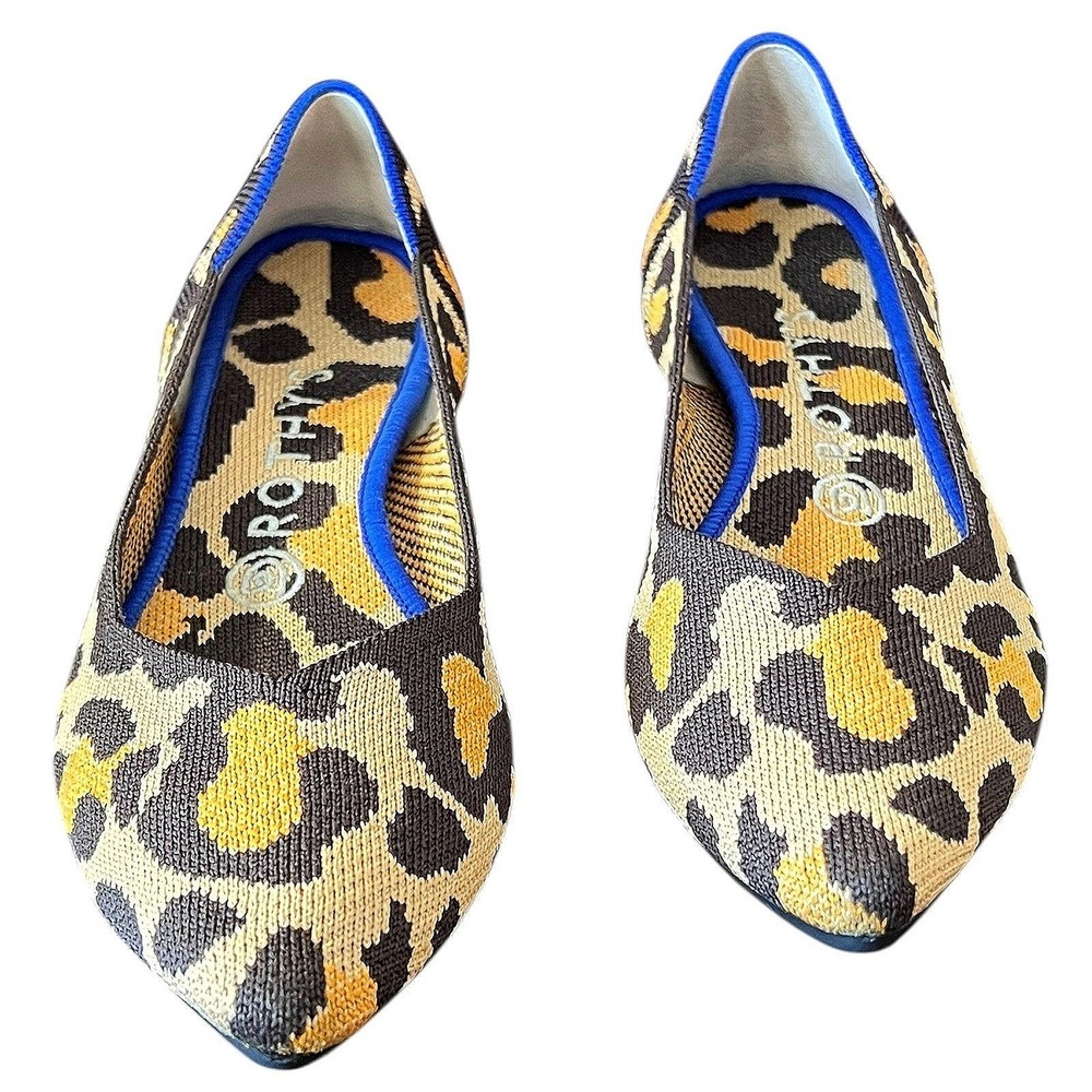 Rothy's Leopard Knit Pointed Flats with Blue Trim